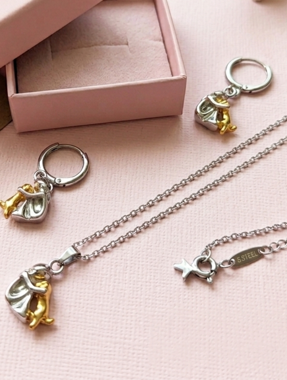 Stainless Steel Girl & Dog Necklace Earring Set Two Tone Silver Gold Dog Mom 20"